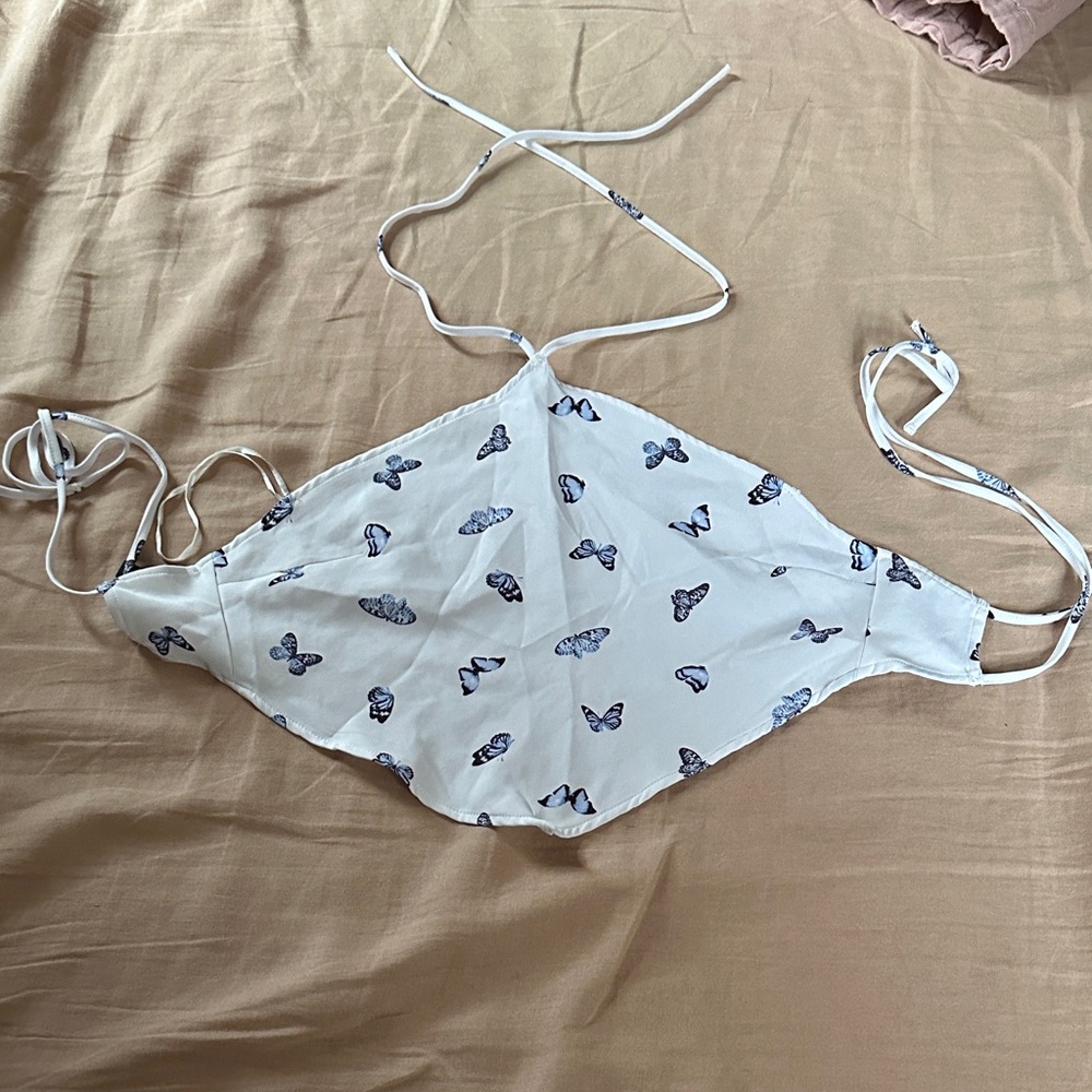 Divided White and Blue Butterfly Halter Top